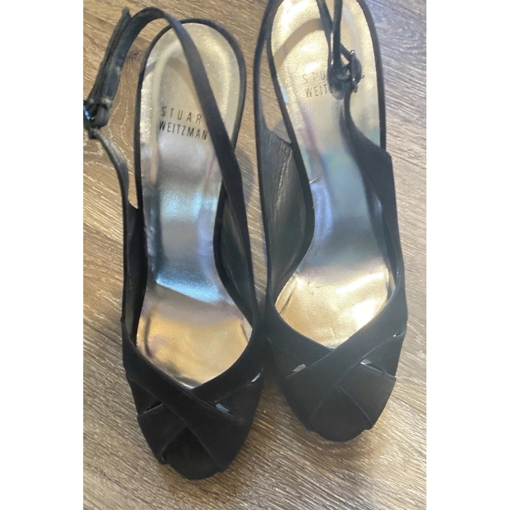 Stuart Weitzman Womens Leather Peep Toe Textured Slingback Heels Black Size 9 M